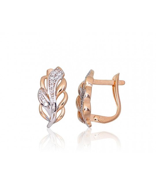 Gold earrings with 'english' lock, Red Gold 585°, Rhodium (Plating), Zirkons