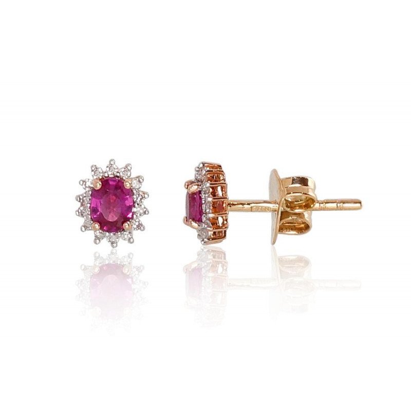 Gold classic studs earrings, Red Gold 585°, Rhodium (Plating), Diamonds, Ruby