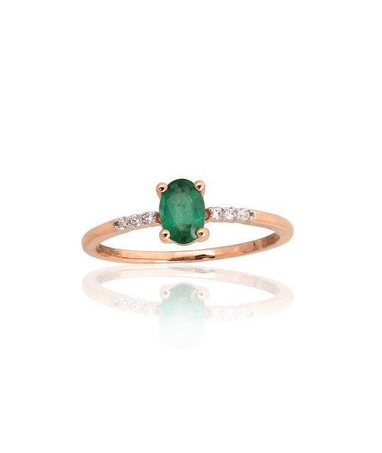 Gold ring, Red Gold 585°, Rhodium (Plating), Diamonds, Emerald