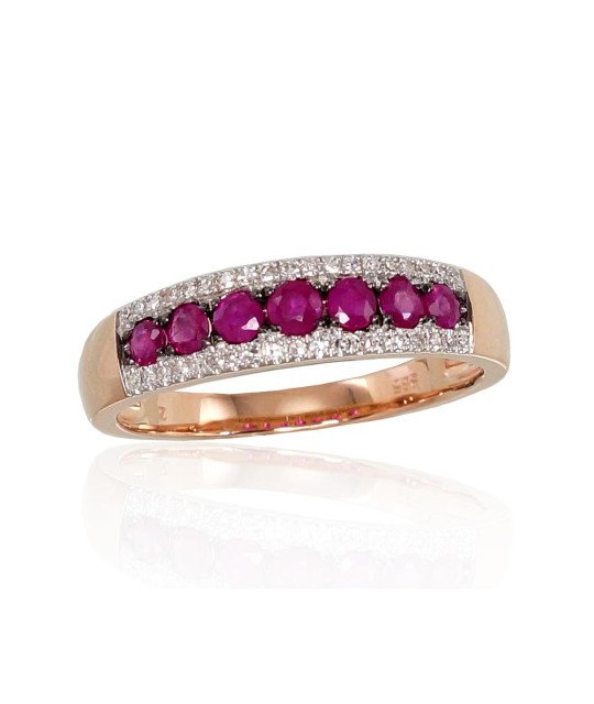 Gold ring, Red Gold 585°, Rhodium (Plating), Diamonds, Ruby
