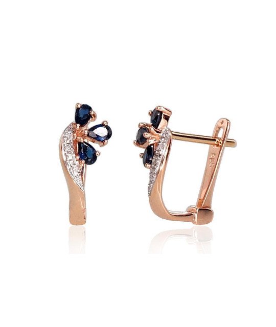 Gold earrings with 'english' lock, Red Gold 585°, Rhodium (Plating), Diamonds, Sapphire