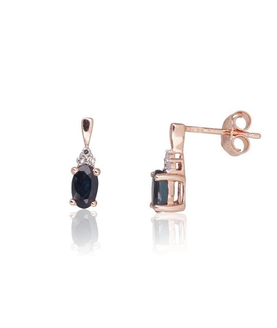 Gold Earrings, Red Gold 585°, Rhodium (Plating), Diamonds, Sapphire