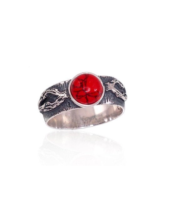 Silver ring, Silver 925°, oxide (Plating), Coral (Imitation)