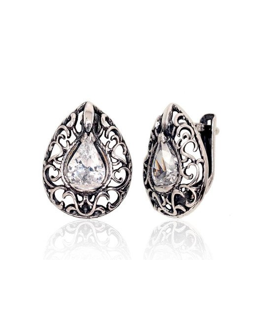Silver earrings with 'english' lock, Silver 925°, oxide (Plating), Zirkons