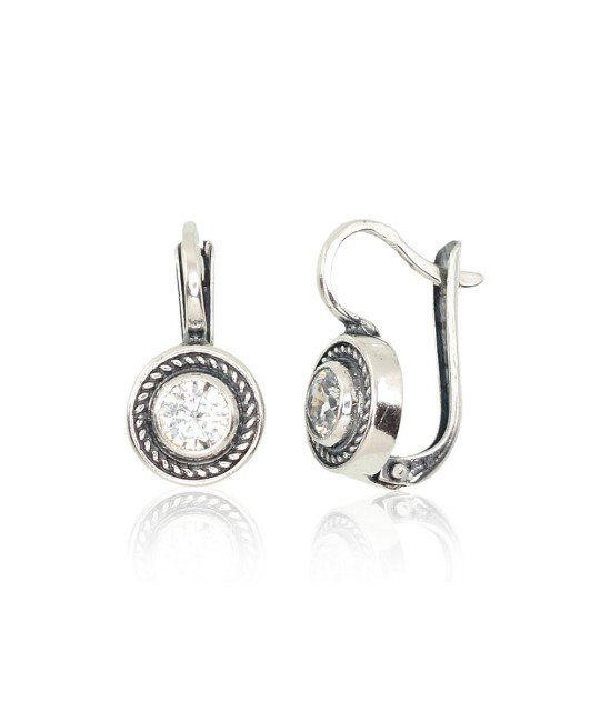 Silver earrings with 'english' lock, Silver 925°, oxide (Plating), Zirkons