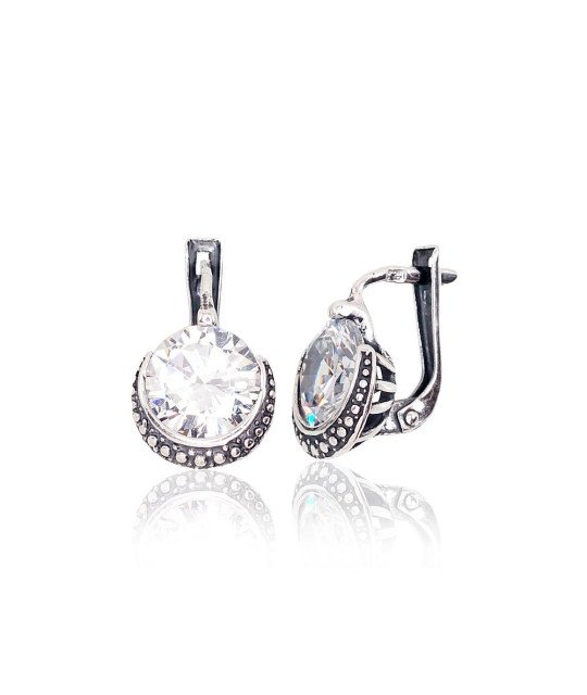 Серебряные серьги на английском замке, Серебро 925°, оксид (покрытие), Цирконы
