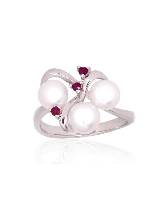 Silver ring, Silver 925°, Rhodium (Plating), Fresh-water Pearl, Ruby