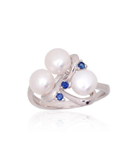 Silver ring, Silver 925°, Rhodium (Plating), Fresh-water Pearl, Sapphire