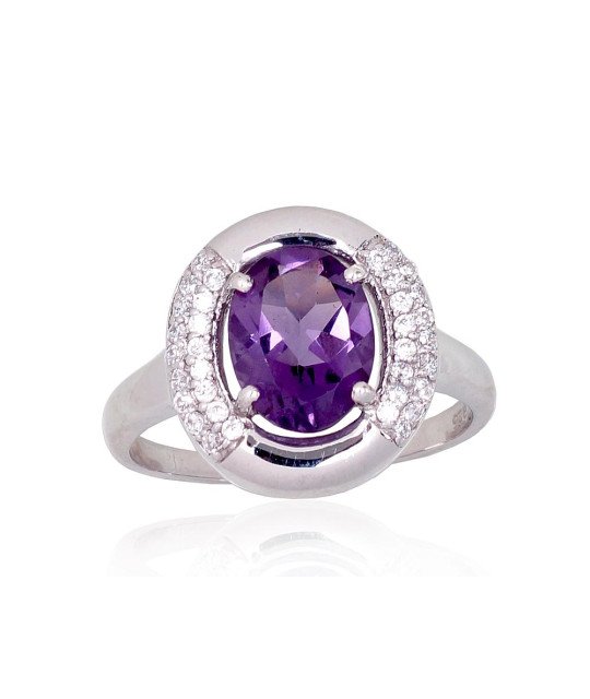 Silver ring, Silver 925°, Rhodium (Plating), Zirkons, Amethyst