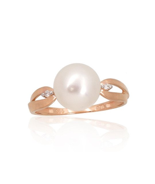 Gold ring, Red Gold 585°, Rhodium (Plating), Diamonds, Fresh-water Pearl