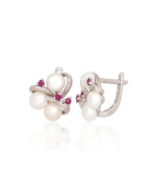 Silver earrings, Silver 925°, Rhodium (Plating), Fresh-water Pearl, Ruby