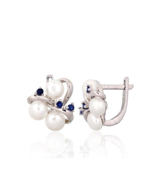 Silver earrings, Silver 925°, Rhodium (Plating), Fresh-water Pearl, Sapphire