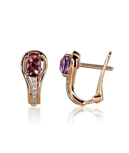 Gold earrings with 'english' lock, Red Gold 585°, Rhodium (Plating), Diamonds, Amethyst