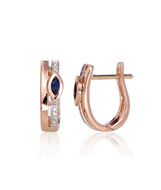 Gold earrings with 'english' lock, Red Gold 585°, Rhodium (Plating), Diamonds, Sapphire