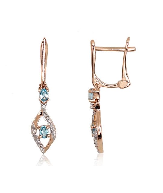 Gold earrings with 'english' lock, Red Gold 585°, Rhodium (Plating), Diamonds, Blue Topaz