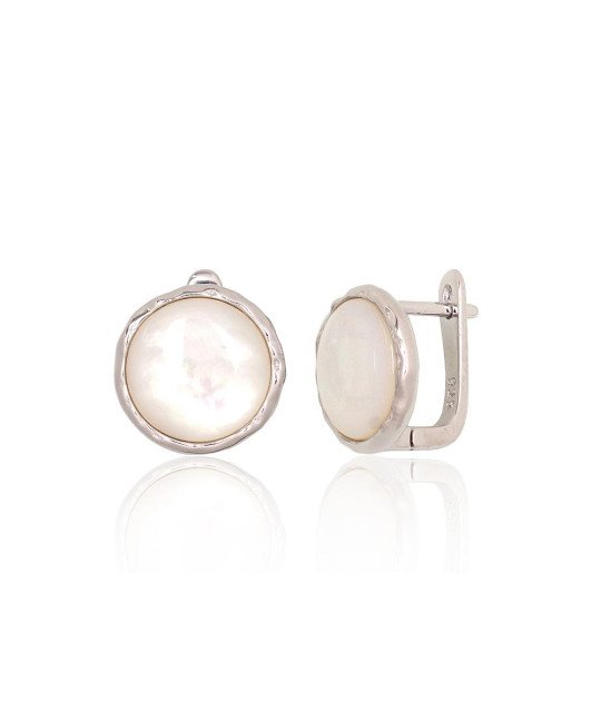 Silver earrings with 'english' lock, Silver 925°, Rhodium (Plating), Mother-of-pearl