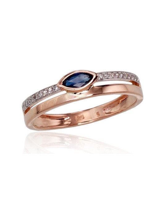 Gold ring, Red Gold 585°, Rhodium (Plating), Diamonds, Sapphire