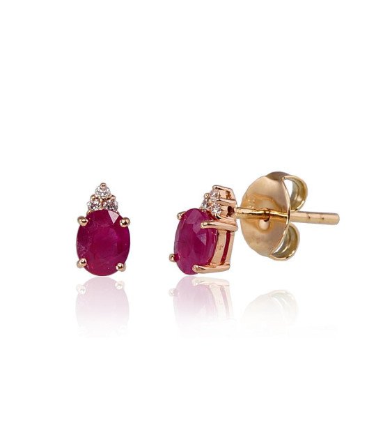 Gold classic studs earrings, Red Gold 585°, Rhodium (Plating), Diamonds, Ruby