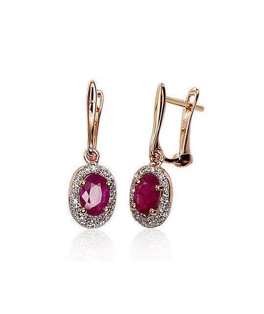 Auksiniai auskarai ant cilindrinės spynos, Raudonas Auksas 585°, rodis (padengti), Briliantai, Rubinas