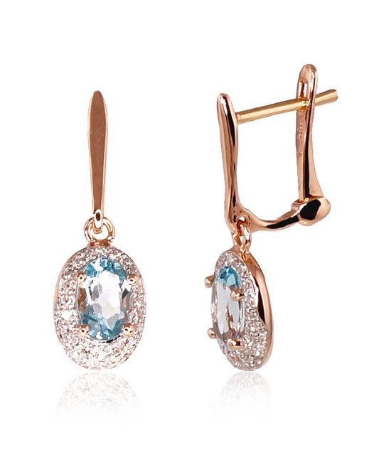 Gold earrings with 'english' lock, Red Gold 585°, Rhodium (Plating), Diamonds, Sky Blue Topaz