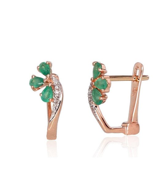 Gold earrings with 'english' lock, Red Gold 585°, Rhodium (Plating), Diamonds, Emerald