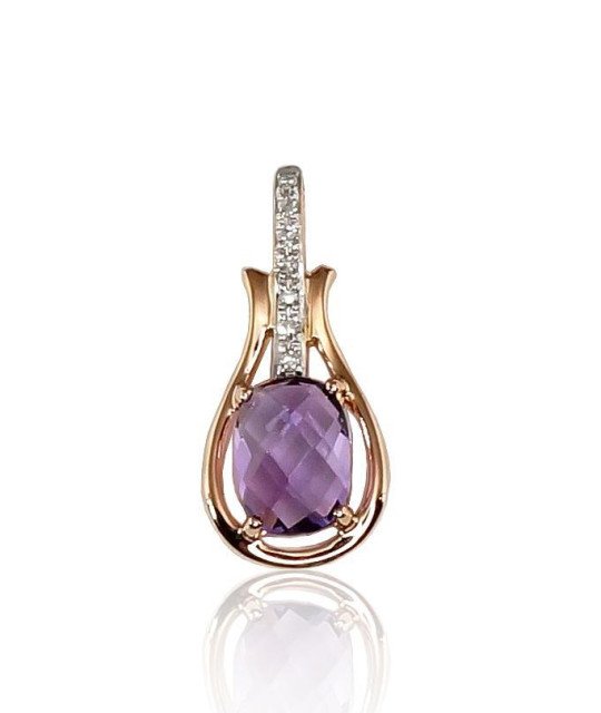 Gold pendant, Red Gold 585°, Rhodium (Plating), Diamonds, Amethyst