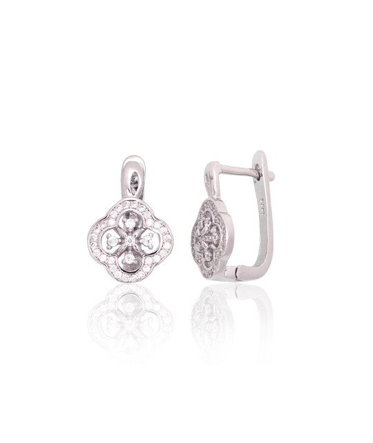 Silver earrings with 'english' lock, Silver 925°, Rhodium (Plating), Zirkons