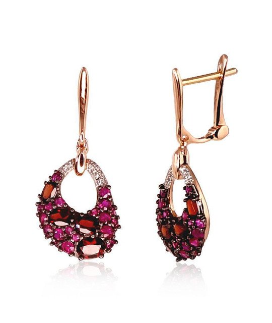 Auksiniai auskarai ant cilindrinės spynos, Raudonas Auksas 585°, rodis (padengti), Briliantai, Rubinas, Granatas