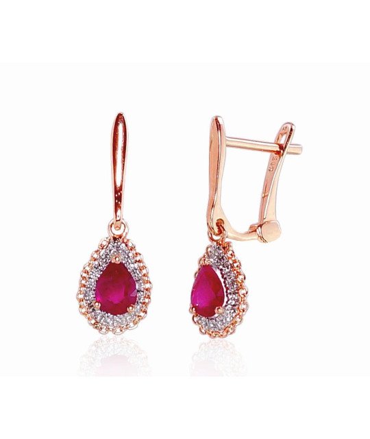 Gold earrings with 'english' lock, Red Gold 585°, Rhodium (Plating), Diamonds, Ruby