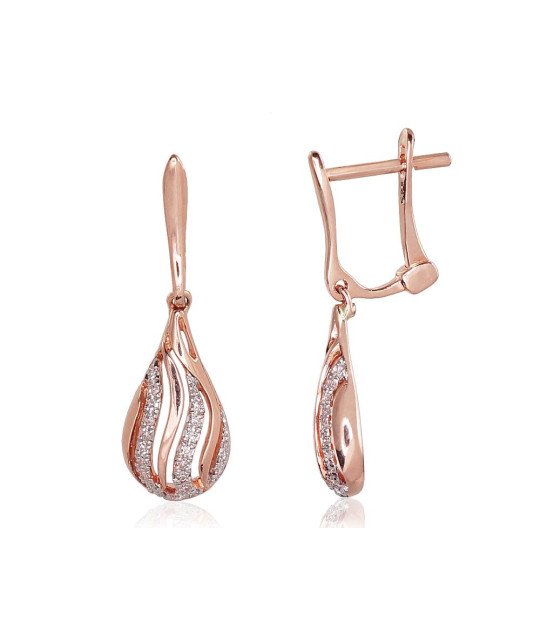 Gold earrings with 'english' lock, Red Gold 585°, Rhodium (Plating), Diamonds