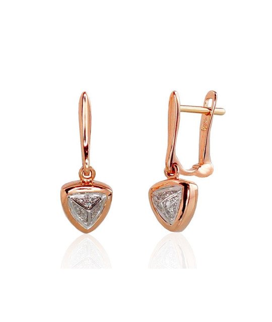 Gold earrings with 'english' lock, Red Gold 585°, Rhodium (Plating), Diamonds