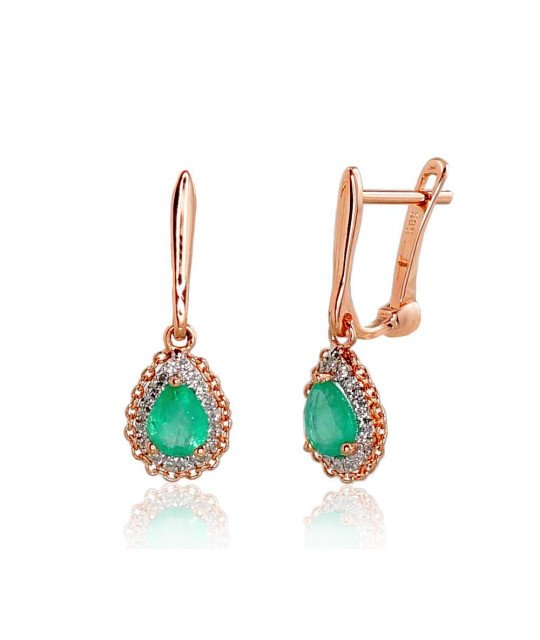 Gold earrings with 'english' lock, Red Gold 585°, Rhodium (Plating), Diamonds, Emerald