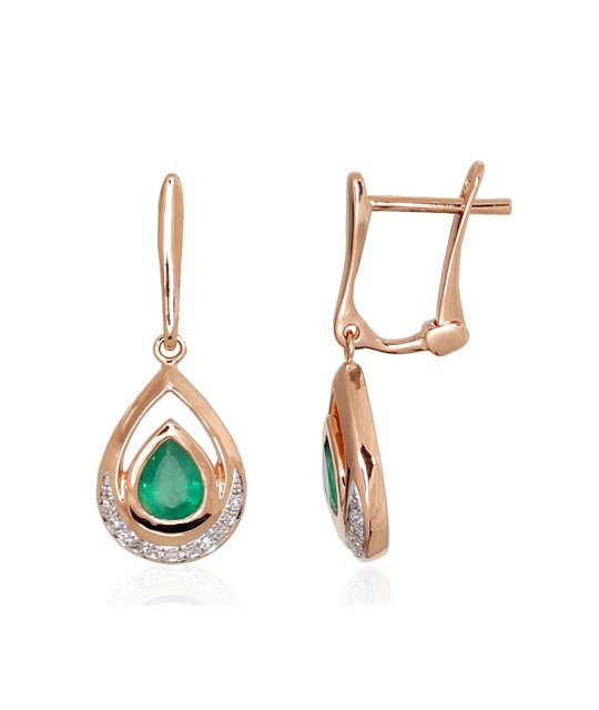 Gold earrings with 'english' lock, Red Gold 585°, Rhodium (Plating), Diamonds, Emerald