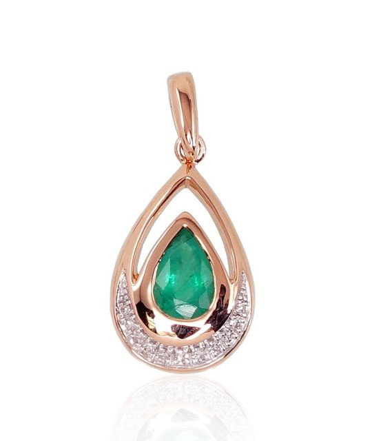 Gold pendant, Red Gold 585°, Rhodium (Plating), Diamonds, Emerald