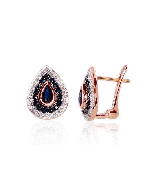 Gold earrings with 'english' lock, Red Gold 585°, Rhodium (Plating), Diamonds, Sapphire