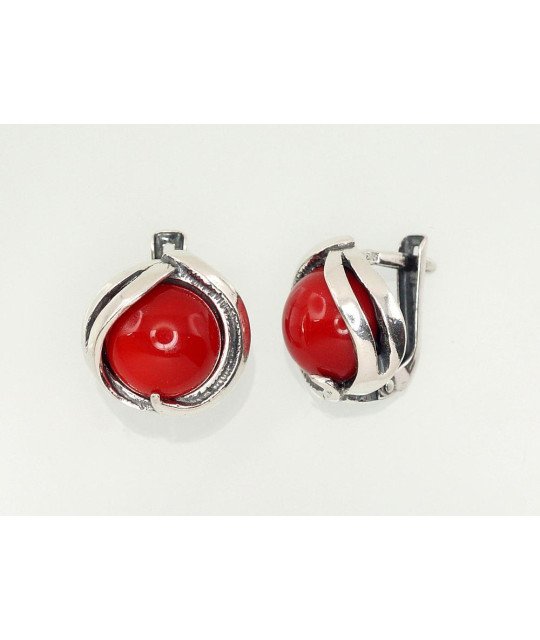 Silver earrings with 'english' lock, Silver 925°, oxide (Plating), Coral (Imitation)