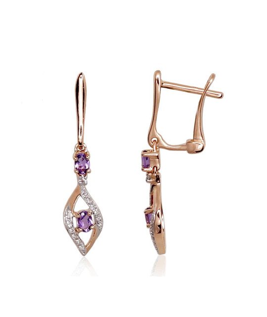 Gold earrings with 'english' lock, Red Gold 585°, Rhodium (Plating), Diamonds, Amethyst