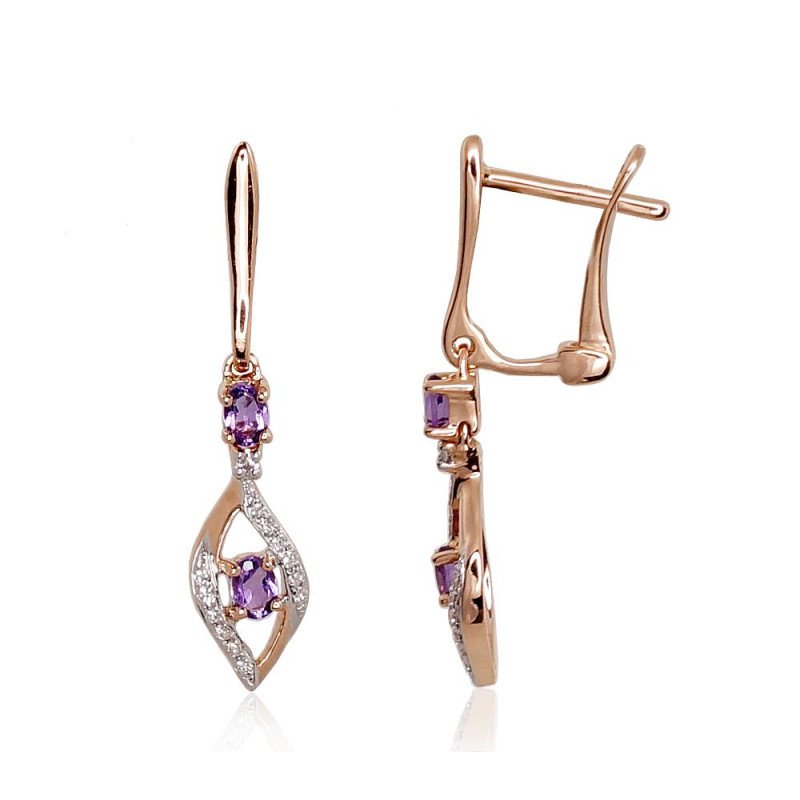 Gold earrings with 'english' lock, Red Gold 585°, Rhodium (Plating), Diamonds, Amethyst