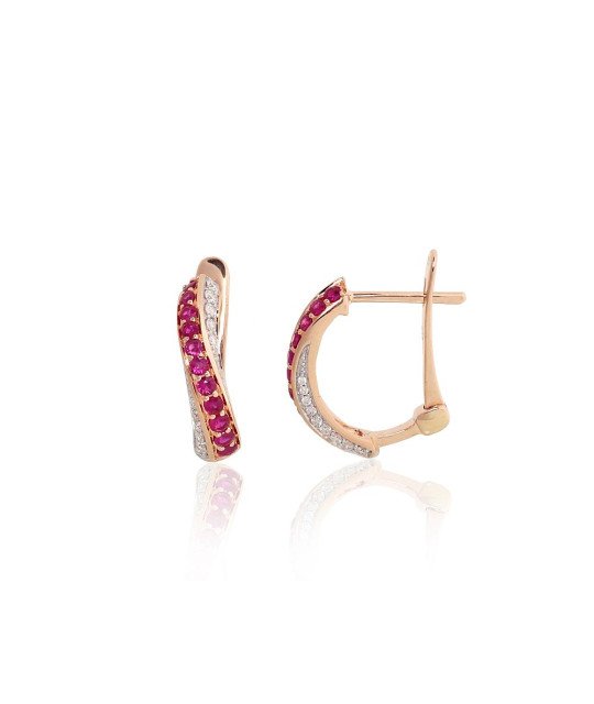 Gold earrings with 'english' lock, Red Gold 585°, Rhodium (Plating), Diamonds, Ruby
