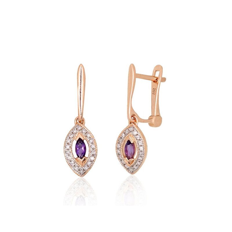 Gold earrings with 'english' lock, Red Gold 585°, Rhodium (Plating), Diamonds, Amethyst