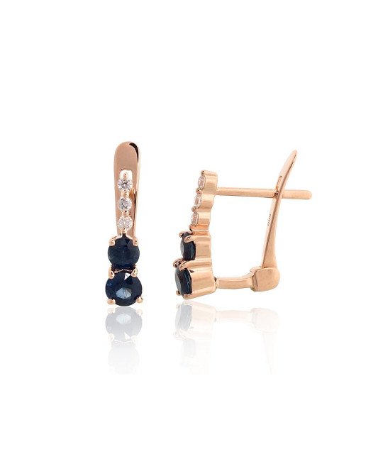 Gold earrings with 'english' lock, Red Gold 585°, Diamonds, Sapphire