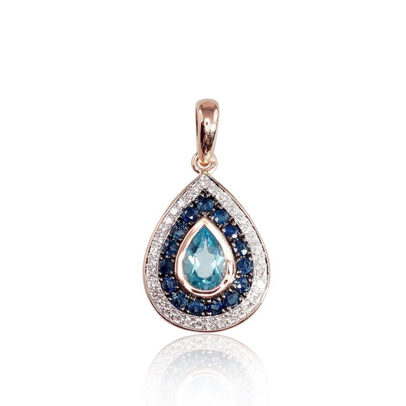 Gold pendant, Red Gold 585°, Rhodium (Plating), Diamonds, Sapphire, Blue Topaz
