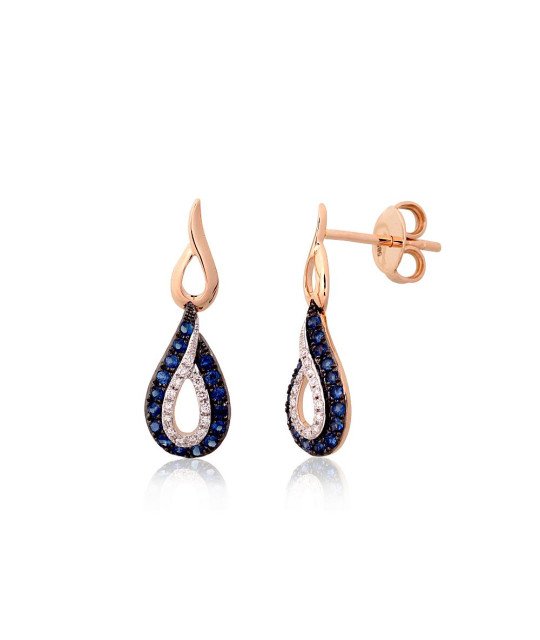 Gold classic studs earrings, Red Gold 585°, Rhodium (Plating), Diamonds, Sapphire