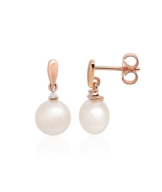 Gold classic studs earrings, Red Gold 585°, Rhodium (Plating), Diamonds, Fresh-water Pearl