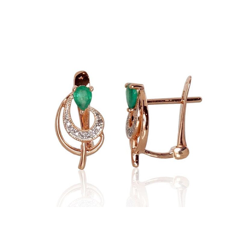 Gold earrings with 'english' lock, Red Gold 585°, Rhodium (Plating), Diamonds, Emerald