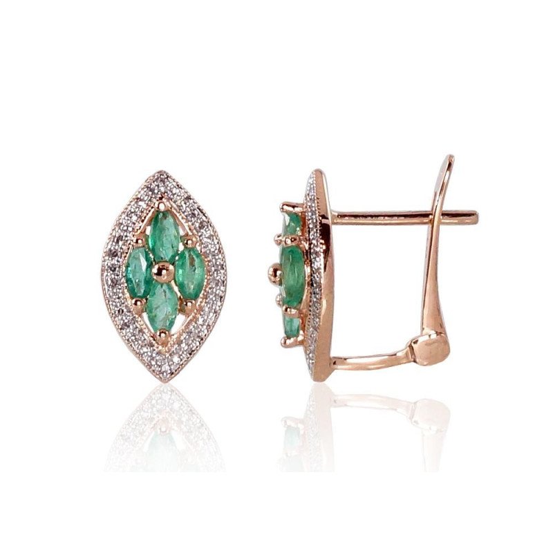 Gold earrings with 'english' lock, Red Gold 585°, Rhodium (Plating), Diamonds, Emerald
