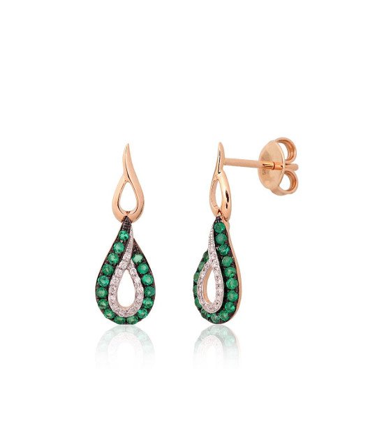 Gold classic studs earrings, Red Gold 585°, Rhodium (Plating), Diamonds, Emerald