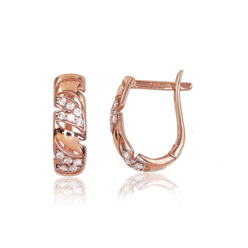 Gold earrings with 'english' lock, Red Gold 585°, Rhodium (Plating), Zirkons