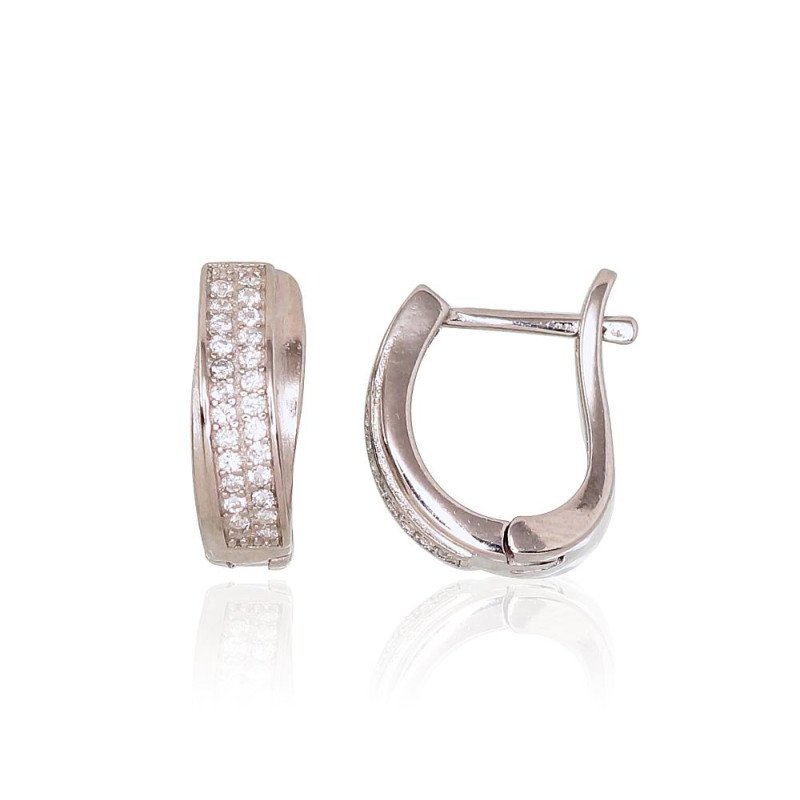 Silver earrings with 'english' lock, Silver 925°, Rhodium (Plating), Zirkons