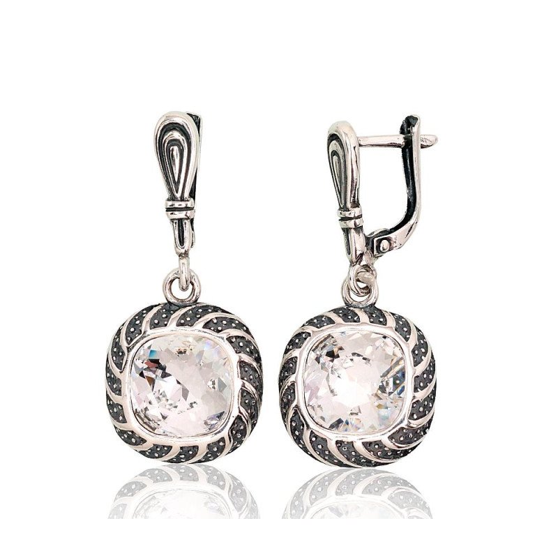 Silver earrings with 'english' lock, Silver 925°, oxide (Plating), Crystals